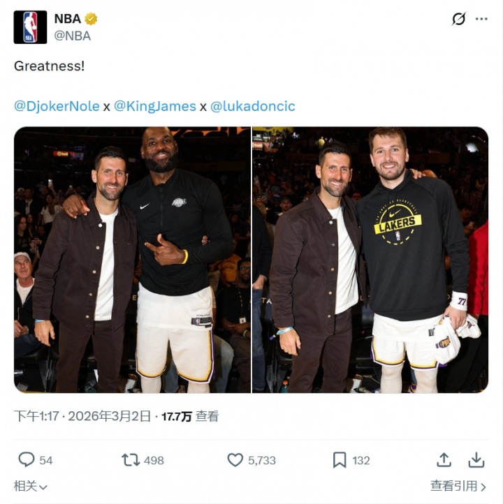 星空体育-NBA官方晒德约科维奇与詹姆斯&东契奇合影:伟大!